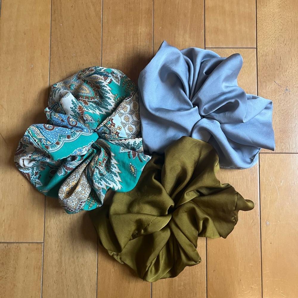 Free People Trio Satin Scrunchies - Teal Paisley, Light Blue, Olive Green
